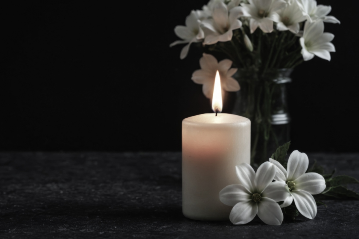 Atmosfera raccolta con fiori bianchi e luce di un cero